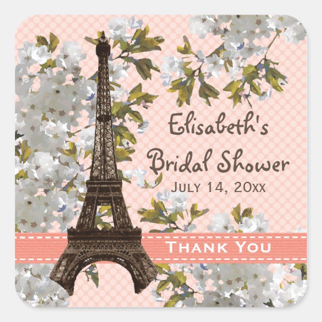 Eiffel Tower Cherry Blossom Thank You Favour Stick Square Sticker (Front)