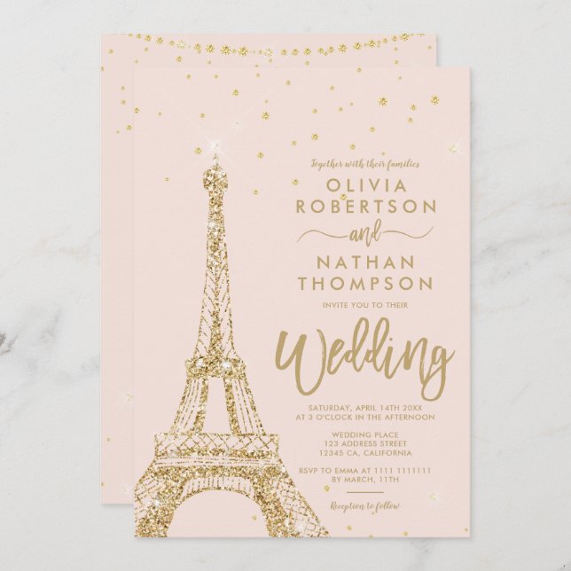 Eiffel tower chic gold glitter blush pink wedding invitation (Front/Back)