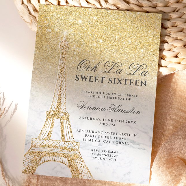 Eiffel tower chic gold glitter marble Sweet 16 Invitation (Creator Uploaded)
