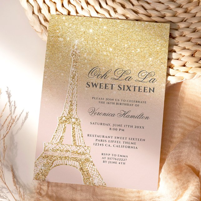 Eiffel tower chic gold glitter pink Sweet 16 Invitation (Creator Uploaded)