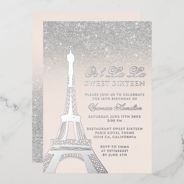 Eiffel tower chic silver glitter pink Sweet 16 (Front/Back)