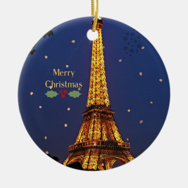Eiffel Tower Christmas, festive holiday photograph Ceramic Tree Decoration (Front)