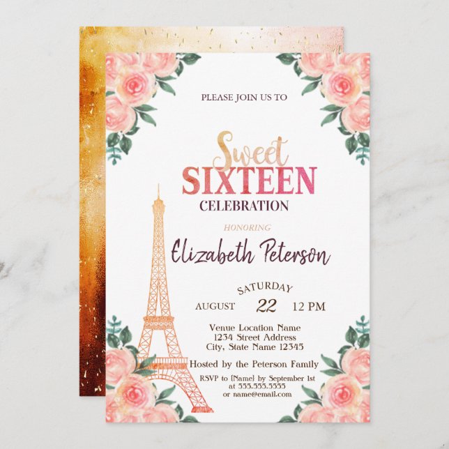 Eiffel Tower Confetti    ++++9-Flowers Sweet 16 Invitation (Front/Back)