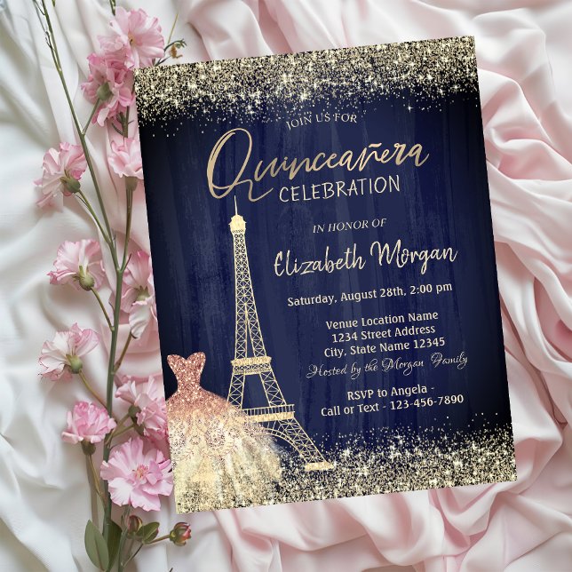 Eiffel Tower Confetti Dress Navy Blue Quinceanera Invitation (Creator Uploaded)
