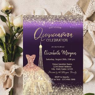 Eiffel Tower Confetti Dress Purple Quinceanera Invitation