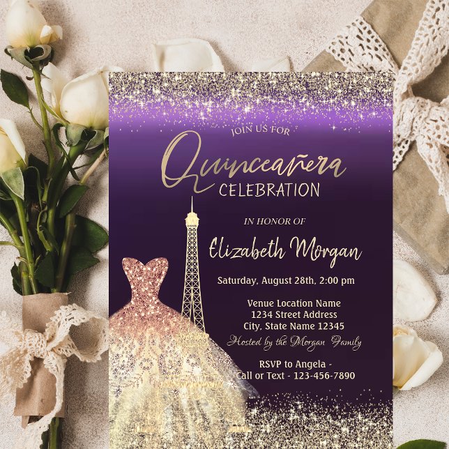 Eiffel Tower Confetti Dress Purple Quinceanera Invitation (Creator Uploaded)