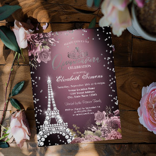 Eiffel Tower Diamonds Dark Roses Burgundy Invitation