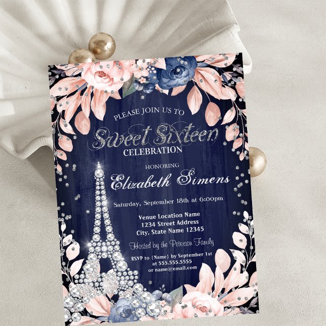 Eiffel Tower Diamonds Navy Blue Roses Sweet 16 Invitation (Creator Uploaded)
