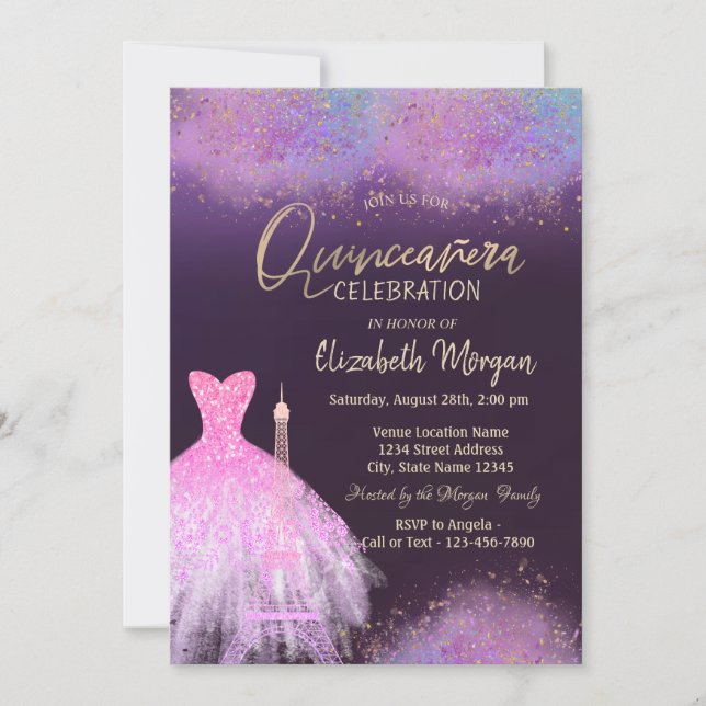 Eiffel Tower Dress Dusty Purple Quinceanera  Invitation (Front)