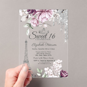  Eiffel Tower,Drips,Lilac Flowers Sweet 16   Acrylic Invitations