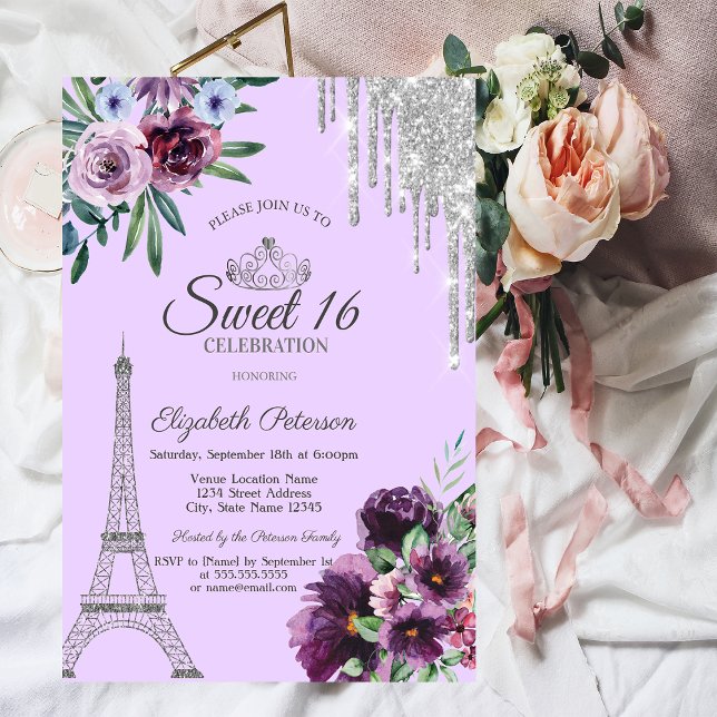  Eiffel Tower,Drips,Purple Flowers Sweet 16   Invitation (Creator Uploaded)