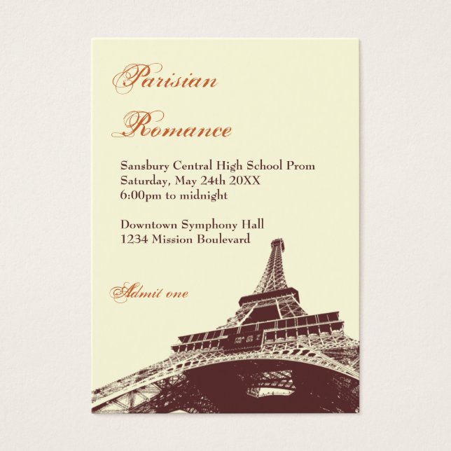Eiffel Tower ecru prom bid custom admission ticket (Front)