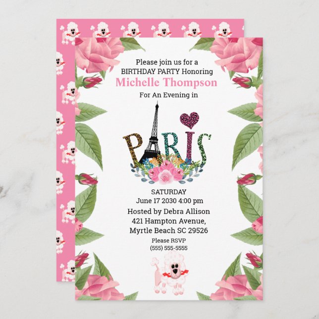 Eiffel Tower Floral Paris France  Birthday   Invitation (Front/Back)