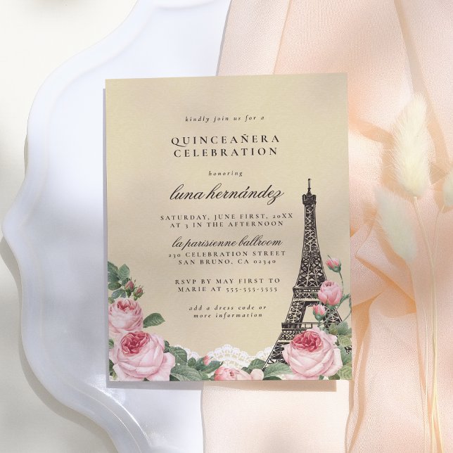 Eiffel Tower Floral Paris Themed Quinceañera Invitation Postcard (Creator Uploaded)