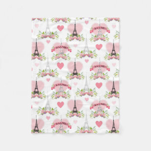 Eiffel Tower Flowers Pink Hearts Paris French Fleece Blanket