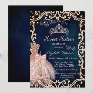 Eiffel Tower Frame Dress Glitter Butterfly Blue Invitation