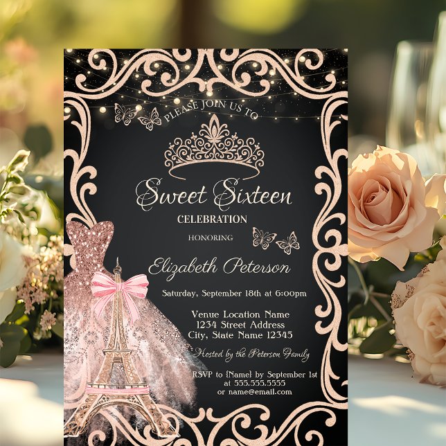 Eiffel Tower Frame Dress Glitter Butterfly  Invitation (Creator Uploaded)