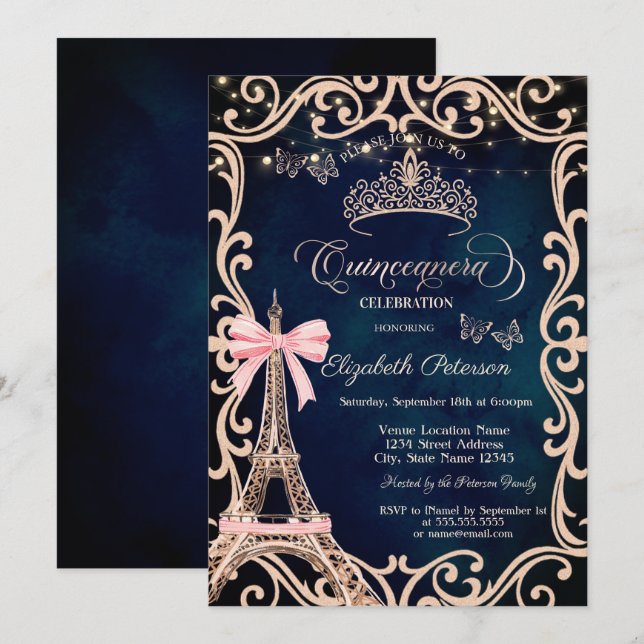 Eiffel Tower Frame Glitter Butterfly Blue  Invitation (Front/Back)