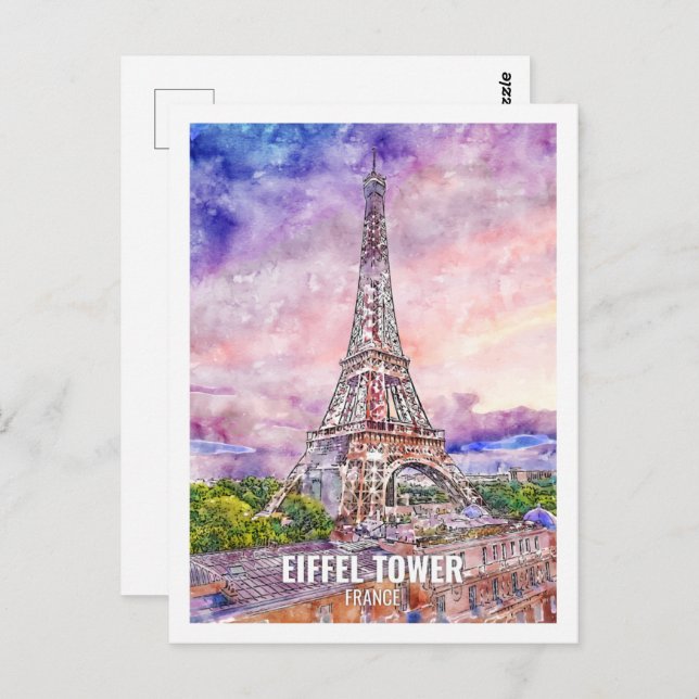 Eiffel Tower France Travel Place Watercolor Postcard (Front/Back)