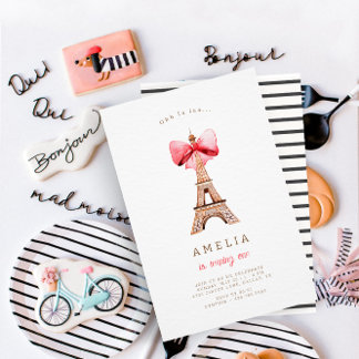 Eiffel Tower French Black Stripes Birthday Party Invitation