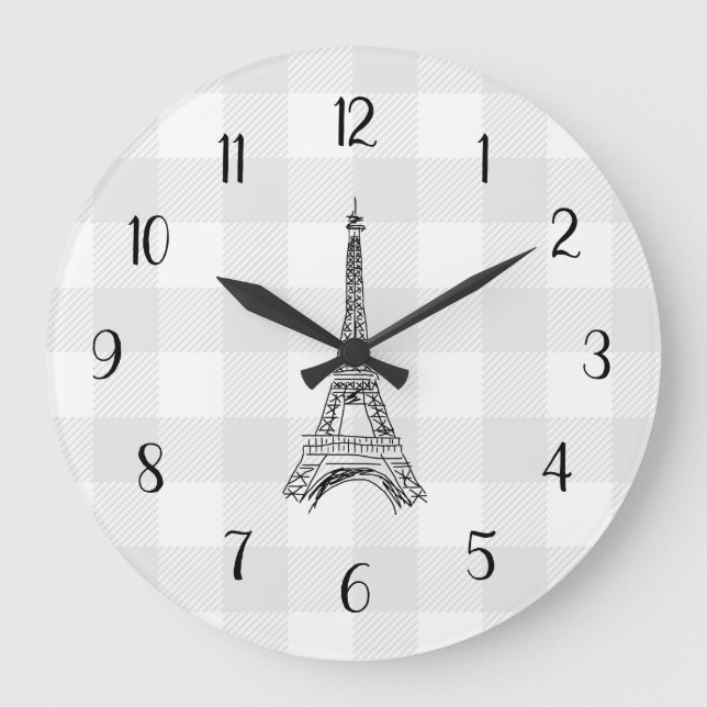 Eiffel Tower French Country Grey Gingham Pattern Large Clock (Front)
