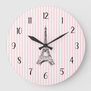 Eiffel Tower French Country Pink Stripe Large Clock