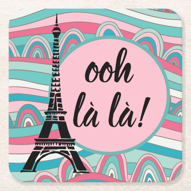 Eiffel Tower French Ooh la la!/ Monogram Square Paper Coaster (Front)