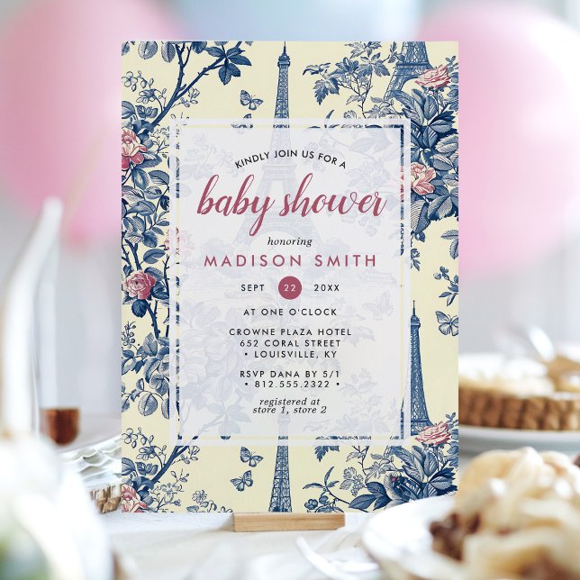 Eiffel Tower French Toile De Jouy Baby Shower Invitation (Creator Uploaded)