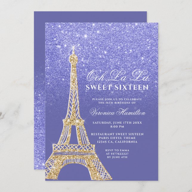 Eiffel tower gold glitter blue purple Sweet 16 Invitation (Front/Back)