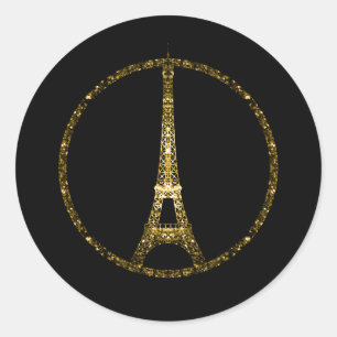 Eiffel Tower gold glitter sparkles on Black Classic Round Sticker