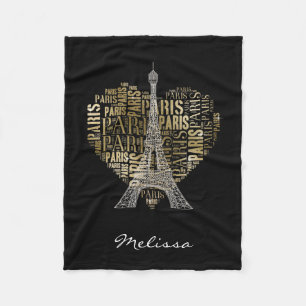 Eiffel Tower Golden Inscriptions Paris in Heart Fleece Blanket