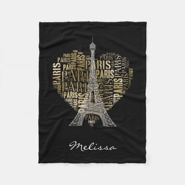 Eiffel Tower | Golden Inscriptions Paris in Heart Fleece Blanket (Front)