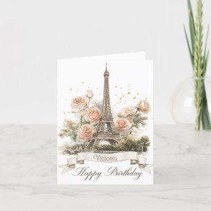 Eiffel Tower "Happy Birthday" with Custom Name Holiday Card