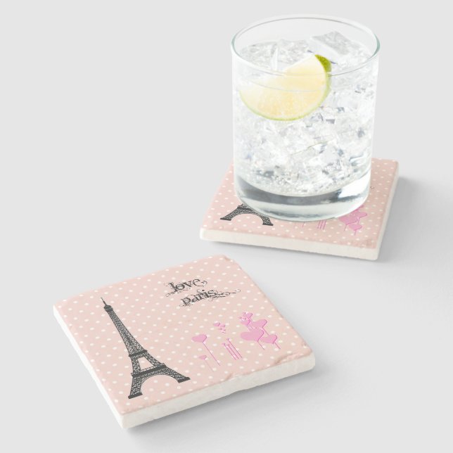 Eiffel Tower, Hearts, Polka Dots - Black Pink Stone Coaster (Side)