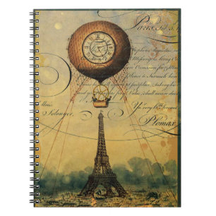 Eiffel Tower Hot Air Balloon Steampunk Spiral Notebook