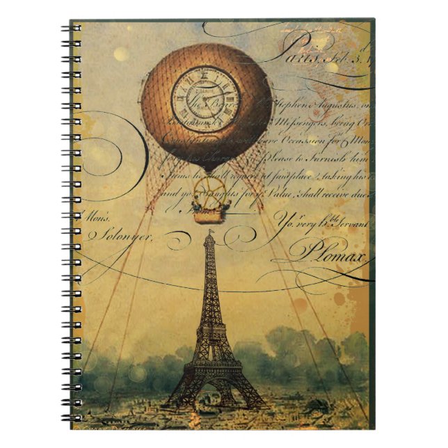 Eiffel Tower Hot Air Balloon Steampunk Spiral Notebook (Front)
