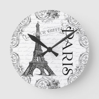 Eiffel Tower in Black and White Round Clock