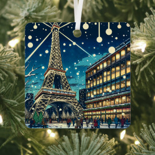 Eiffel Tower in Paris, France at Christmas Time Metal Tree Decoration