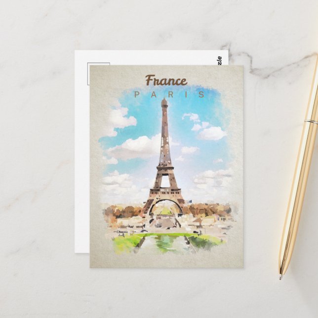 Eiffel Tower in watercolor postcard (Front/Back In Situ)