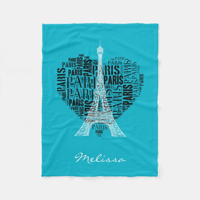 Eiffel Tower & Inscriptions Paris in Heart | Aqua Fleece Blanket (Front)