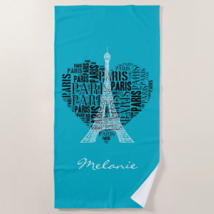 Eiffel Tower & Inscriptions Paris in Heart Beach Towel