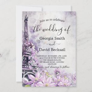 Eiffel Tower Lavender Romance QR Code Wedding Invitation
