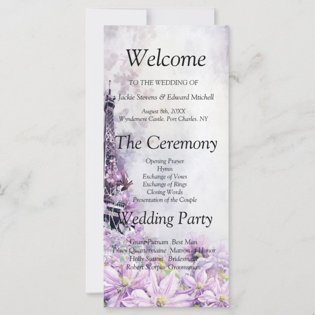 Eiffel Tower Lavender Romance Wedding Program (Front)