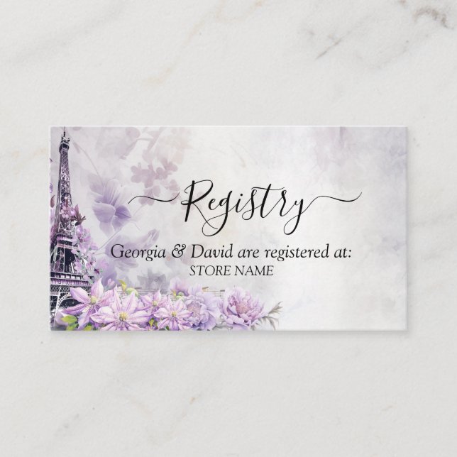 Eiffel Tower Lavender Romance Wedding Registry  Enclosure Card (Front)