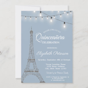 Eiffel Tower,Lights Dusty Blue Quinceañera Invitation