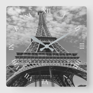 Eiffel Tower Looking Up B&W Square Wall Clock