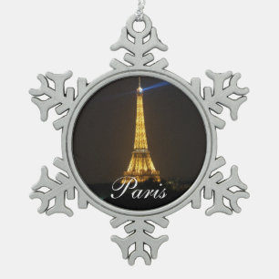 Eiffel Tower night Snowflake Pewter Christmas Ornament