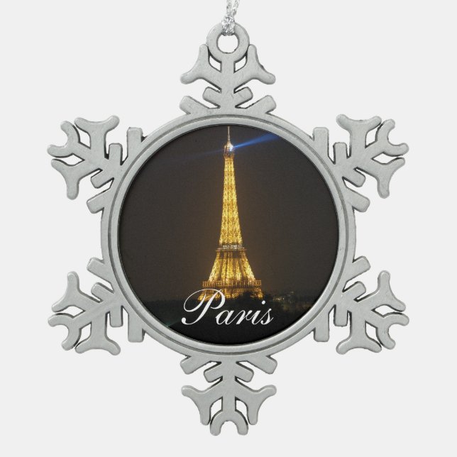 Eiffel Tower night Snowflake Pewter Christmas Ornament (Front)