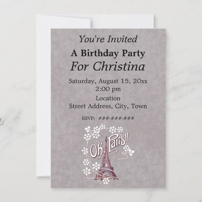 Eiffel Tower Oh Paris France Birthday White Flower Invitation (Front)