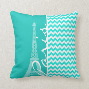 Eiffel Tower on Aqua Colour Chevron Cushion
